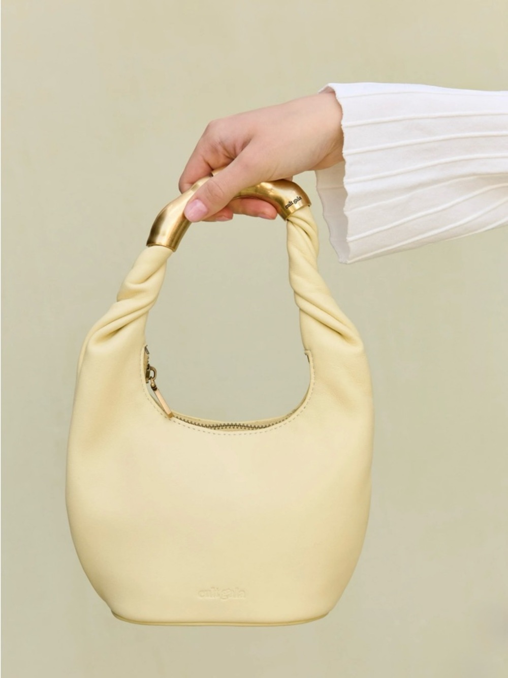 Cult Gaia Meerah Top Handle Bag Sculptural Gold Handle Butter Yellow Leather OS - Picture 7 of 13